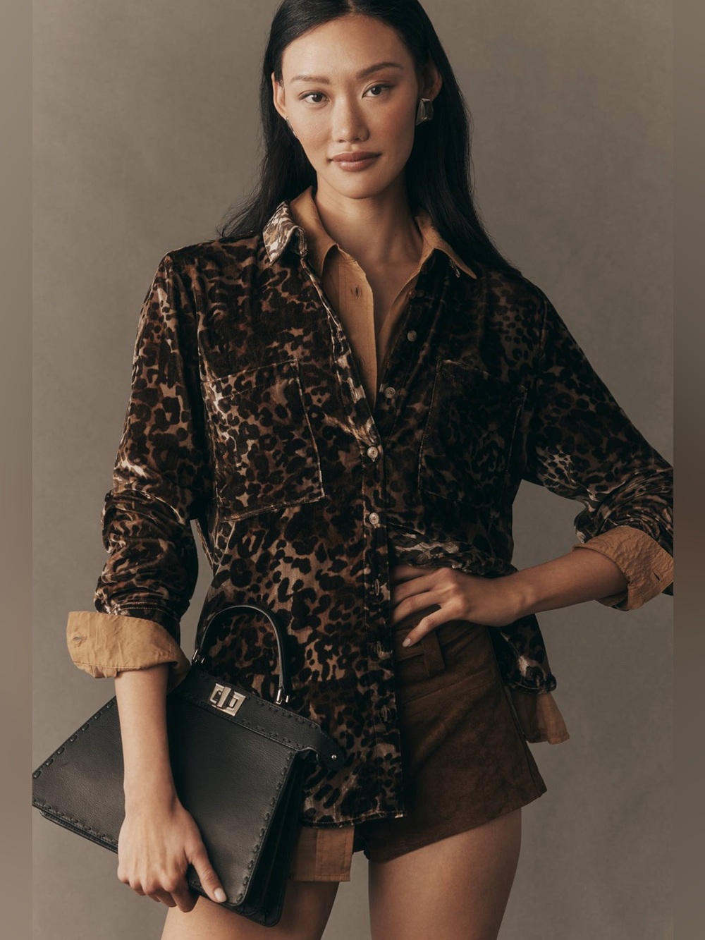 Anthropologie Pilcro Hadley Leopard Pattern Velvet Relaxed Buttondown Shirt Sz X